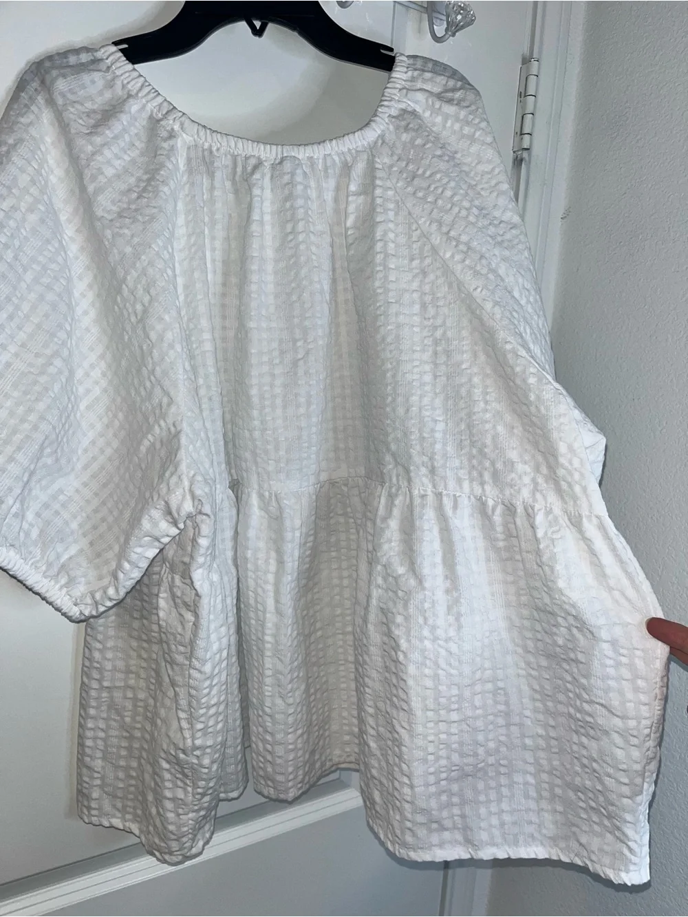Old Navy Puff-Sleeve Seersucker Babydoll Swing Blouse Square Neck Elastic Sz XXL